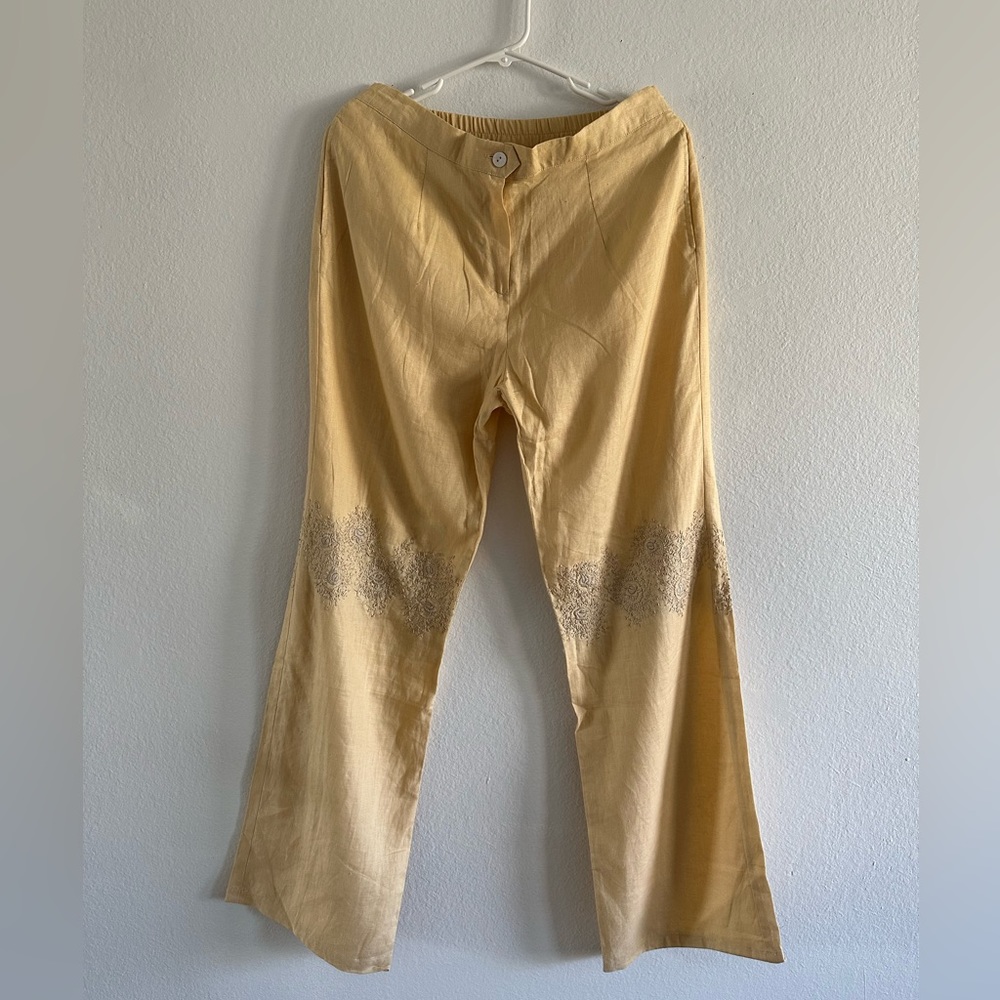 Women's Mid -Rise Linen Wide Leg Yellow Cream embroidered pants Size L